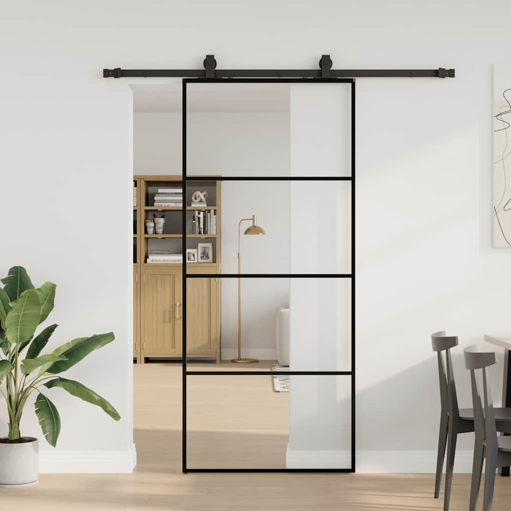 Klizna vrata s priborom crna 90 x 205 cm od ESG stakla