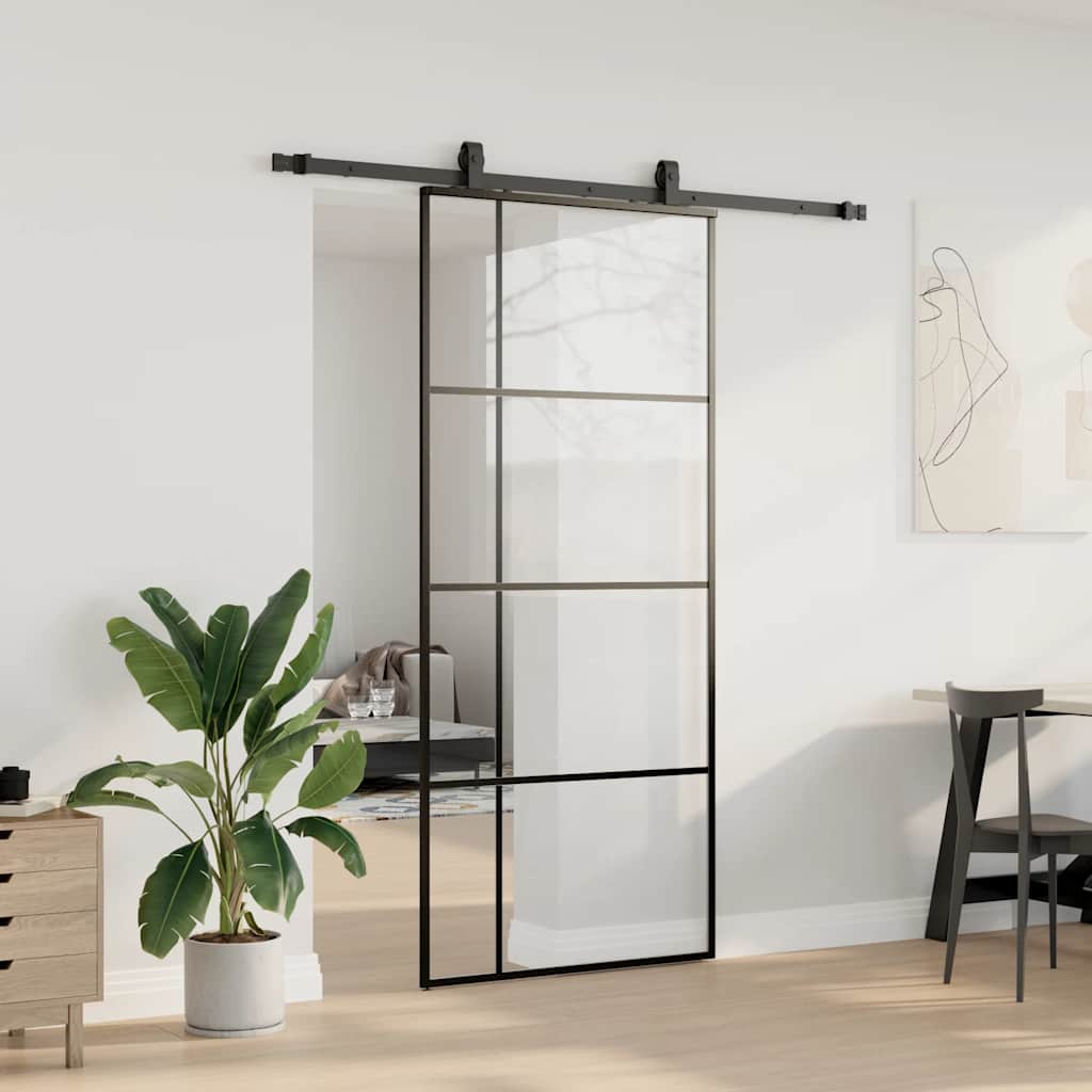 Klizna vrata s priborom crna 90 x 205 cm od ESG stakla