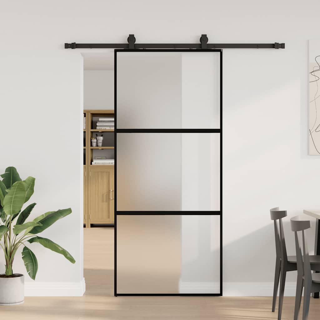 Klizna vrata s priborom crna 90 x 205 cm kaljeno staklo