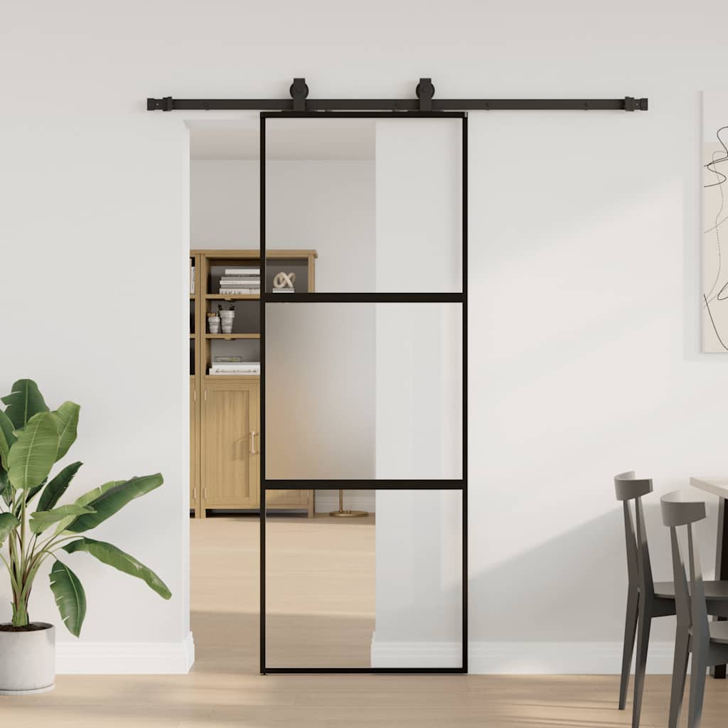 Klizna vrata s priborom crna 76 x 205 cm kaljeno staklo