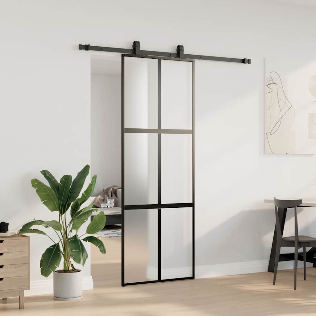 Klizna vrata s priborom crna 76 x 205 cm kaljeno staklo
