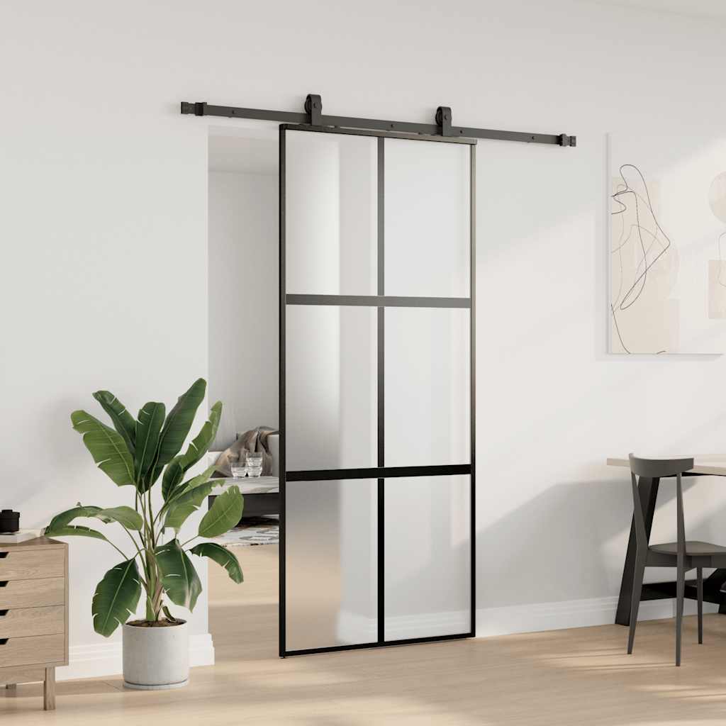Klizna vrata s priborom crna 90 x 205 cm kaljeno staklo
