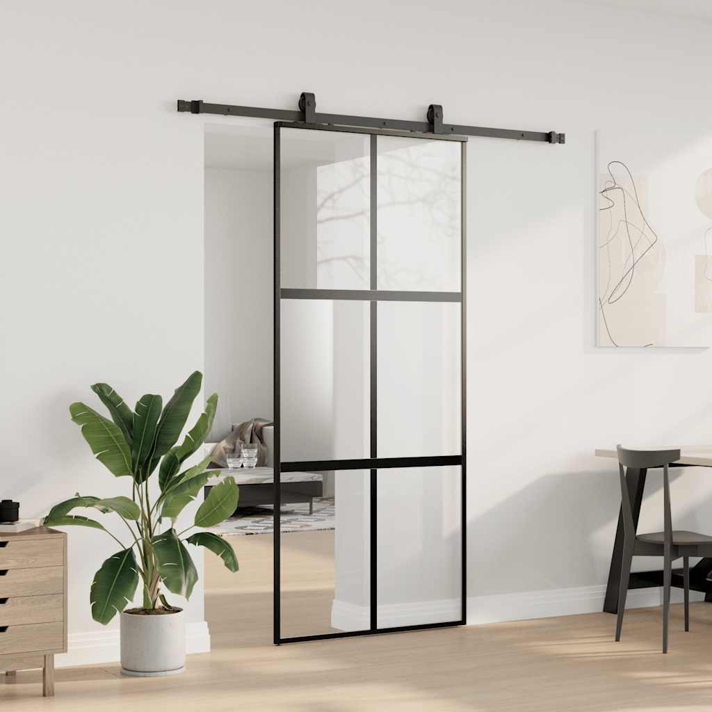 Klizna vrata s priborom crna 90 x 205 cm kaljeno staklo