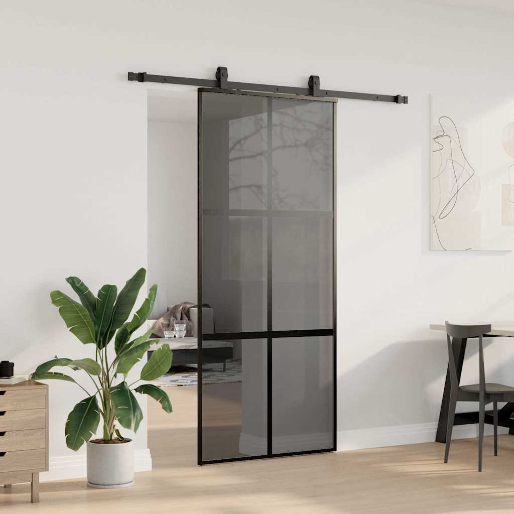 Klizna vrata s priborom crna 90 x 205 cm kaljeno staklo