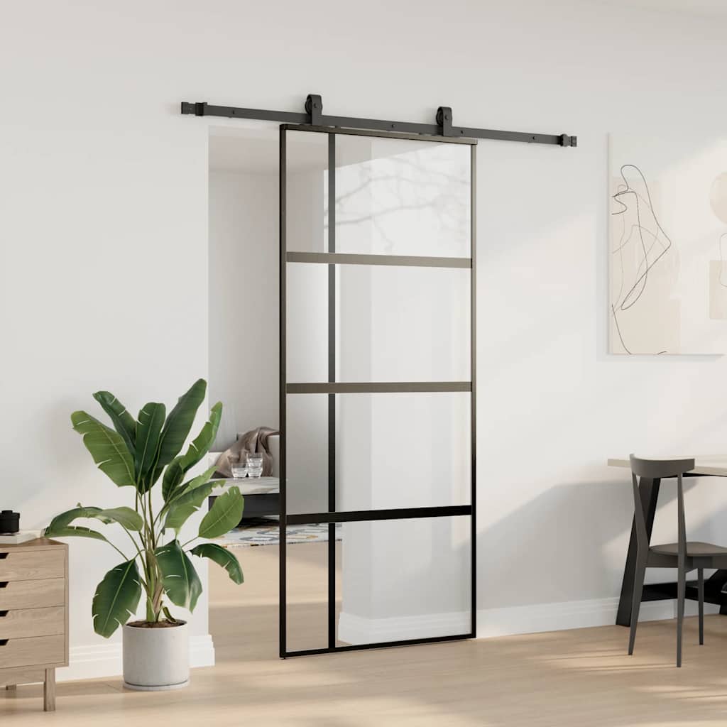 Klizna vrata s priborom crna 90 x 205 cm kaljeno staklo