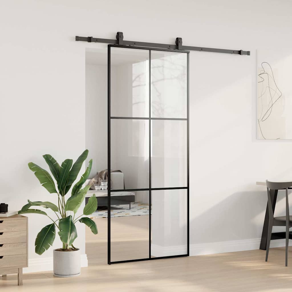 Klizna vrata s priborom crna 90 x 205 cm od ESG stakla