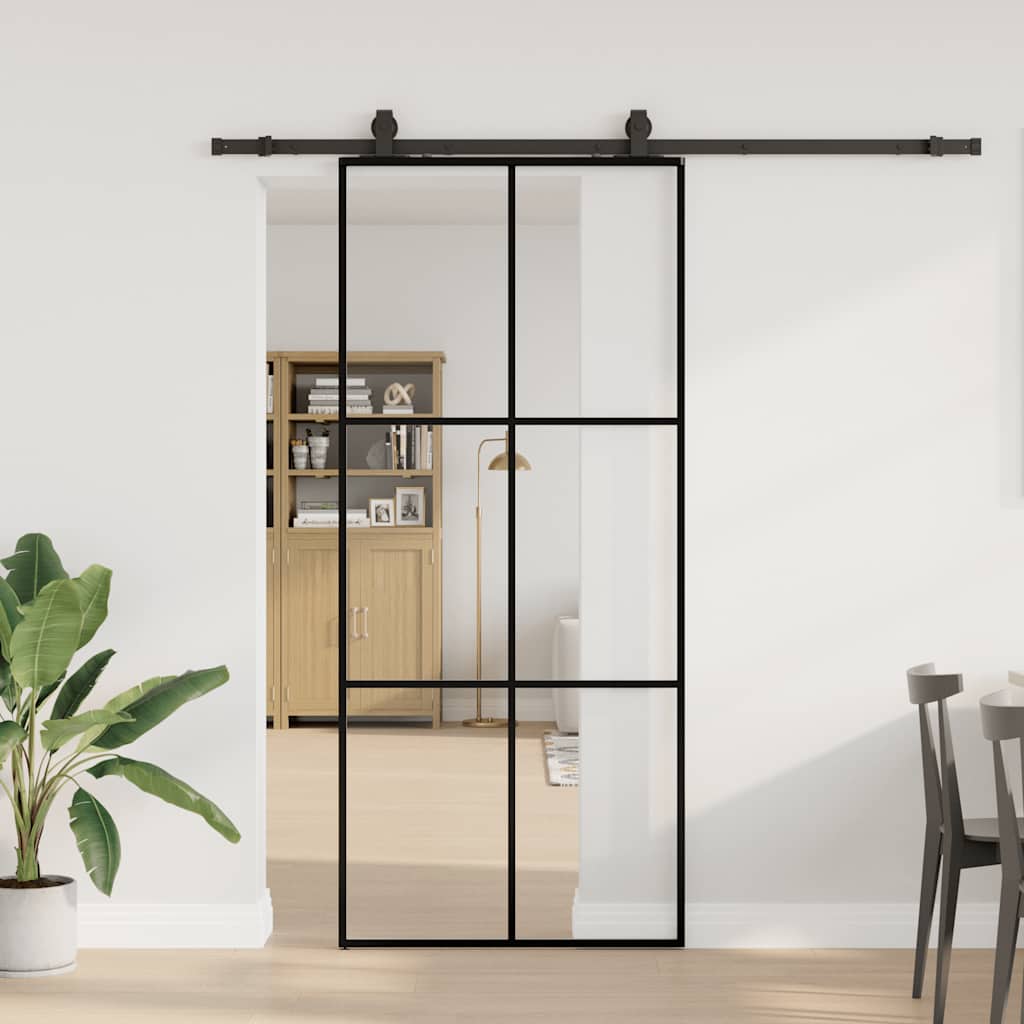 Klizna vrata s priborom crna 90 x 205 cm od ESG stakla