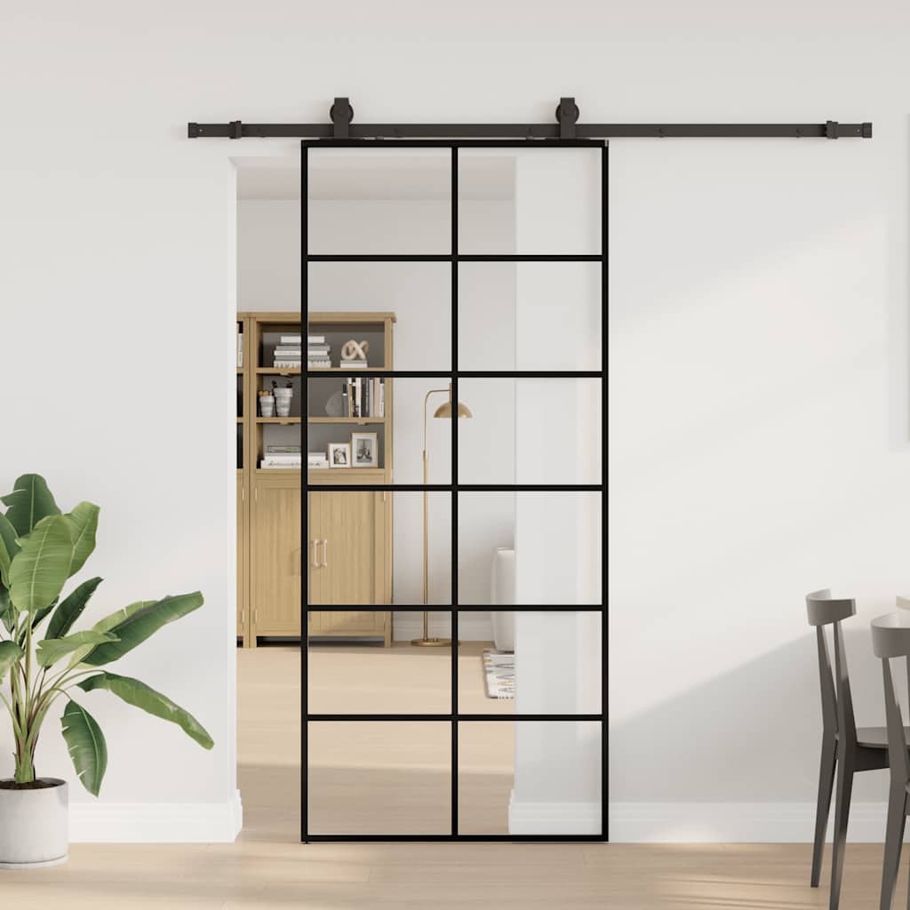 Klizna vrata s priborom crna 90 x 205 cm od ESG stakla