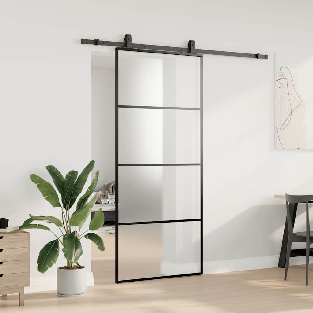 Klizna vrata s priborom crna 90 x 205 cm od ESG stakla