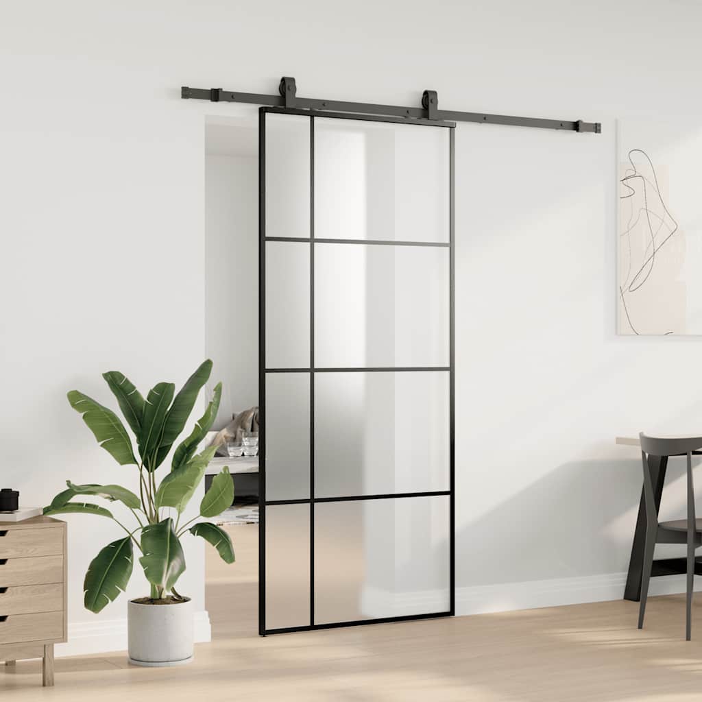 Klizna vrata s priborom crna 90 x 205 cm od ESG stakla