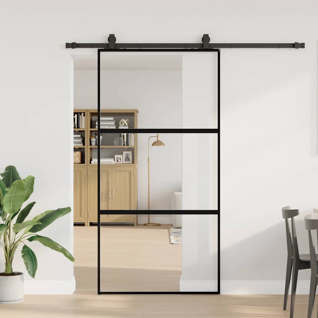 Klizna vrata s priborom crna 102,5 x 205 cm kaljeno staklo
