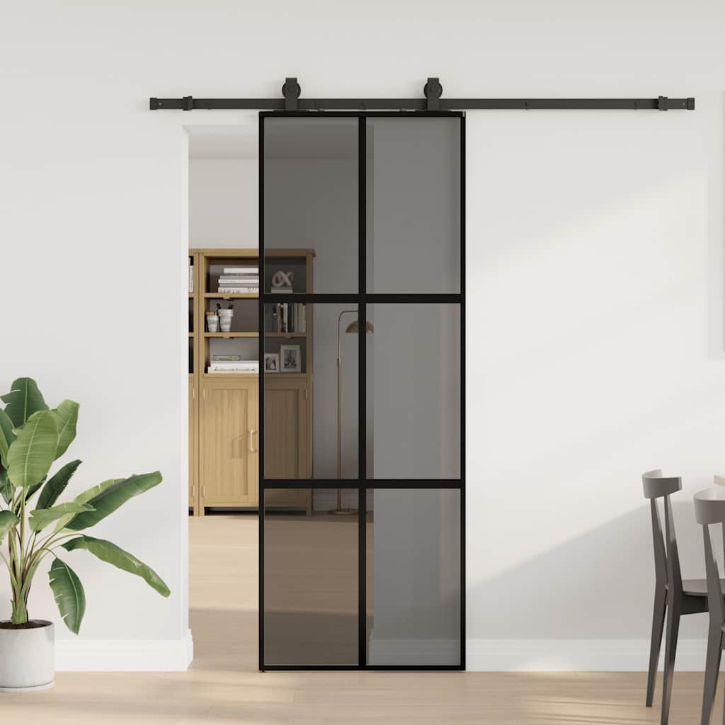 Klizna vrata s priborom crna 76 x 205 cm kaljeno staklo