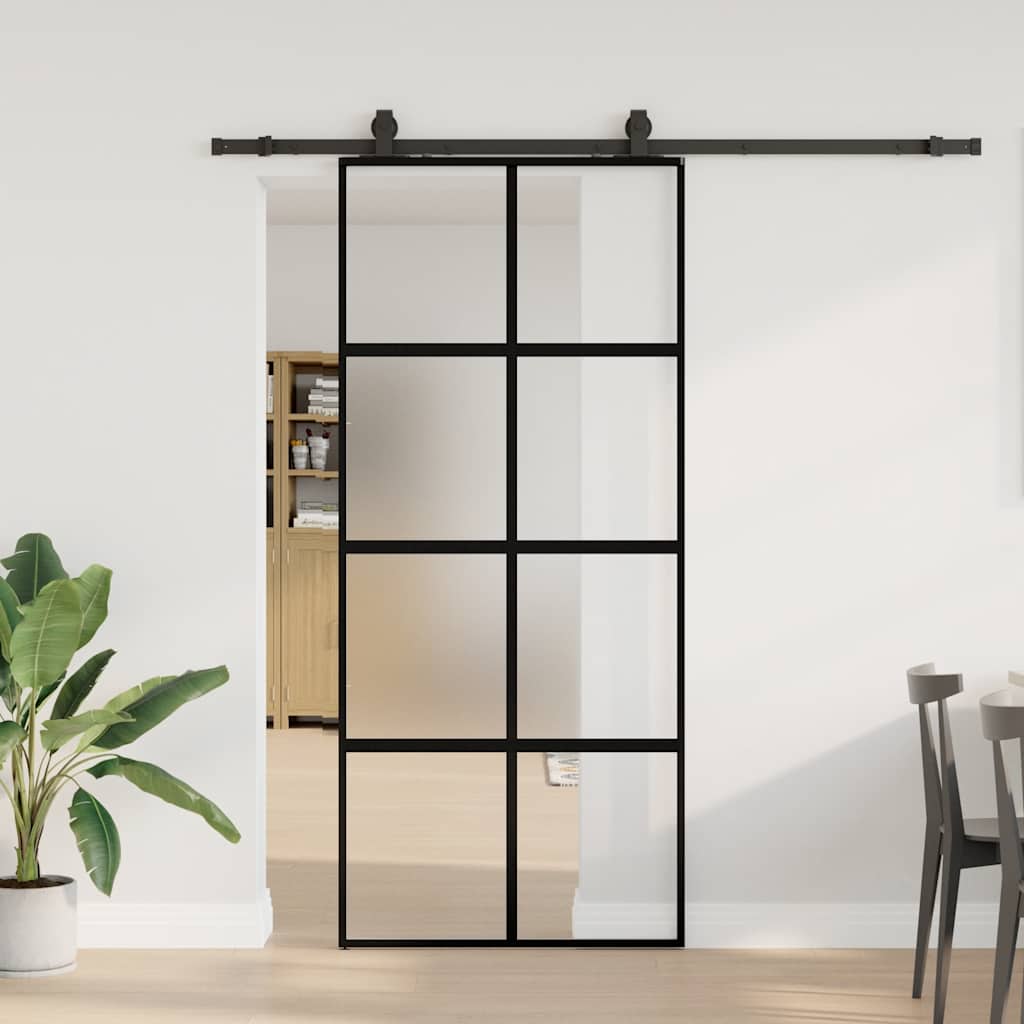 Klizna vrata s priborom crna 90 x 205 cm kaljeno staklo