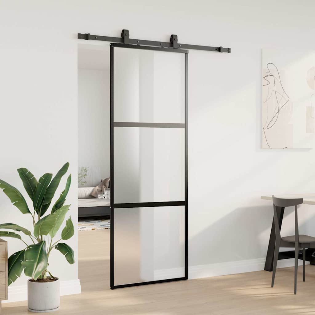 Klizna vrata s priborom crna 76 x 205 cm kaljeno staklo