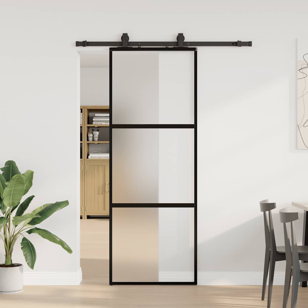 Klizna vrata s priborom crna 76 x 205 cm kaljeno staklo