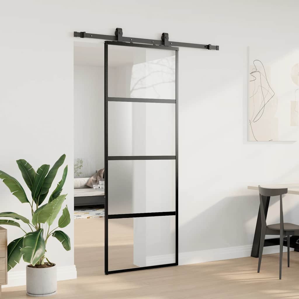 Klizna vrata s priborom crna 76 x 205 cm kaljeno staklo