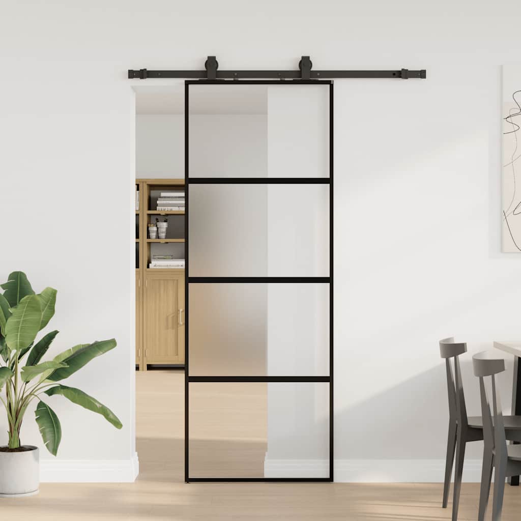 Klizna vrata s priborom crna 76 x 205 cm kaljeno staklo