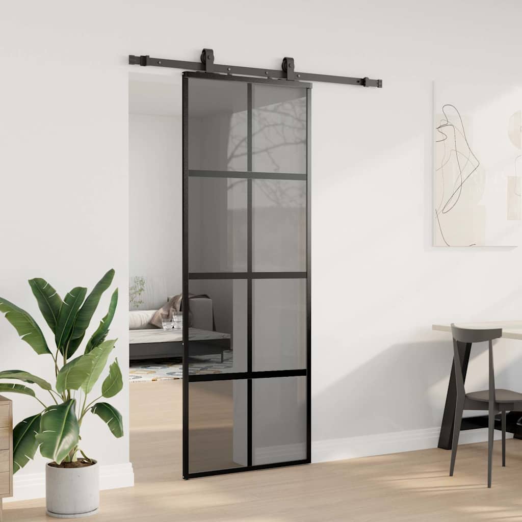 Klizna vrata s priborom crna 76 x 205 cm kaljeno staklo