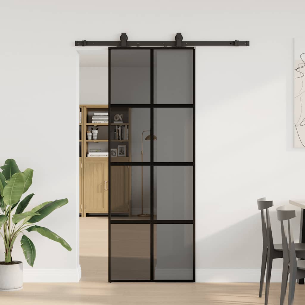 Klizna vrata s priborom crna 76 x 205 cm kaljeno staklo