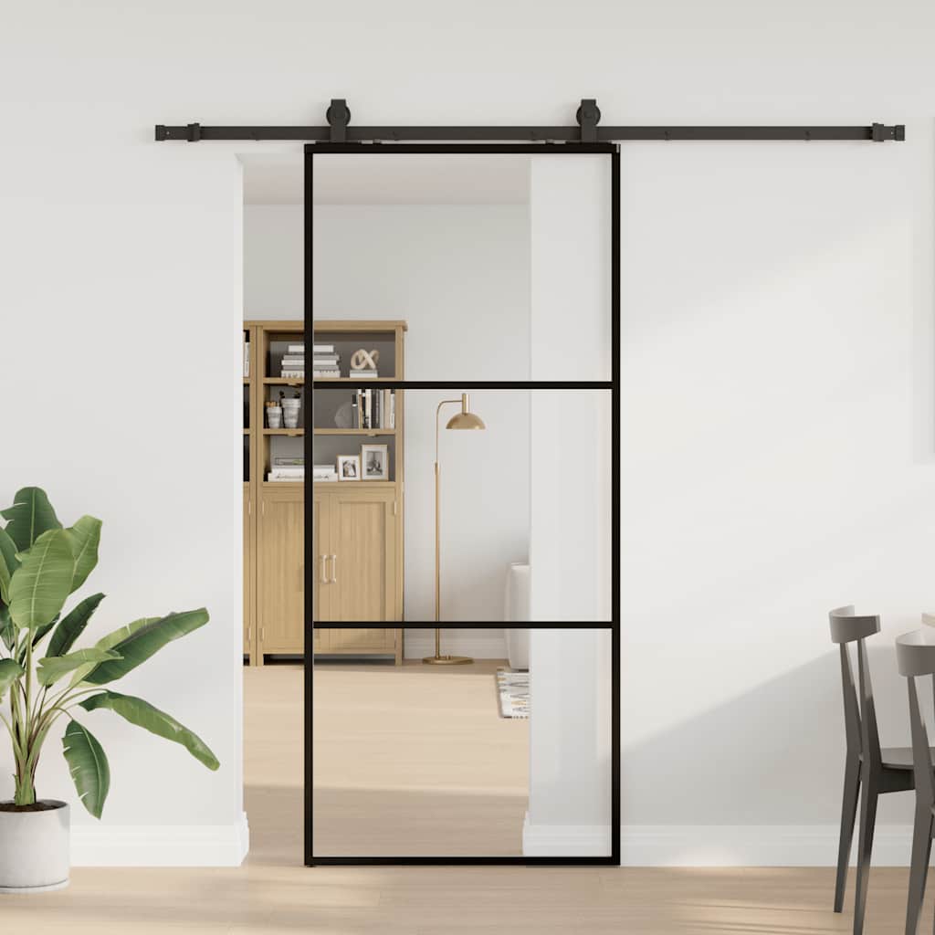 Klizna vrata s priborom crna 90 x 205 cm od ESG stakla