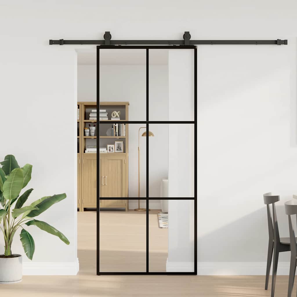 Klizna vrata s priborom crna 90 x 205 cm od ESG stakla