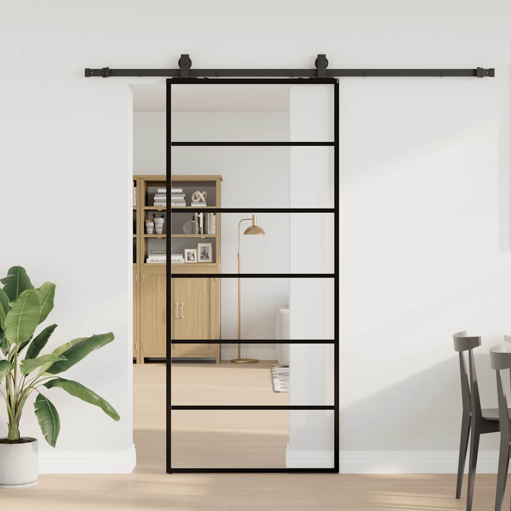 Klizna vrata s priborom crna 90 x 205 cm od ESG stakla