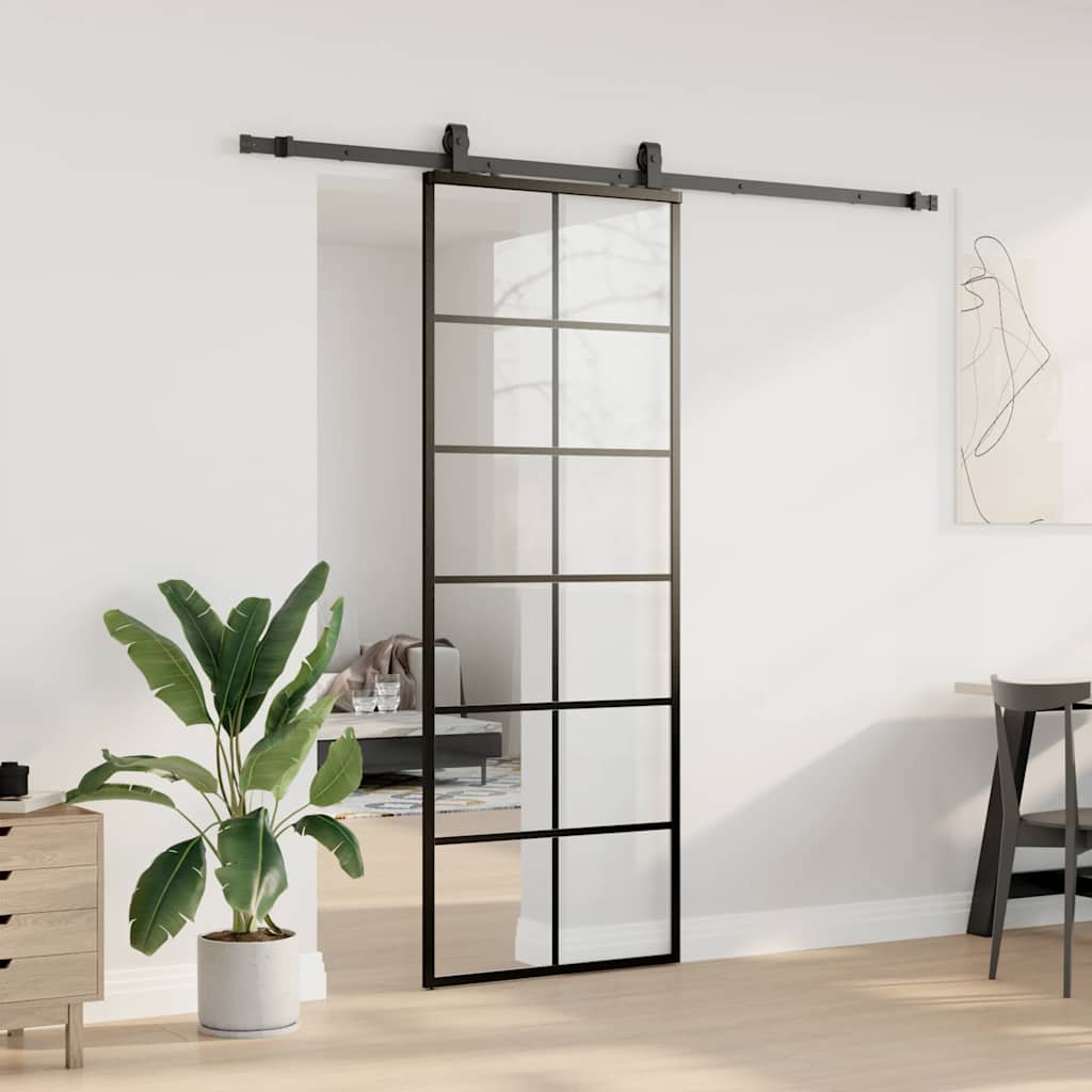 Klizna vrata s priborom crna 76 x 205 cm od ESG stakla
