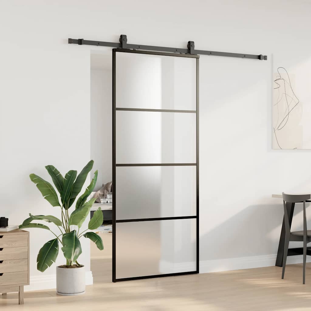 Klizna vrata s priborom crna 90 x 205 cm od ESG stakla