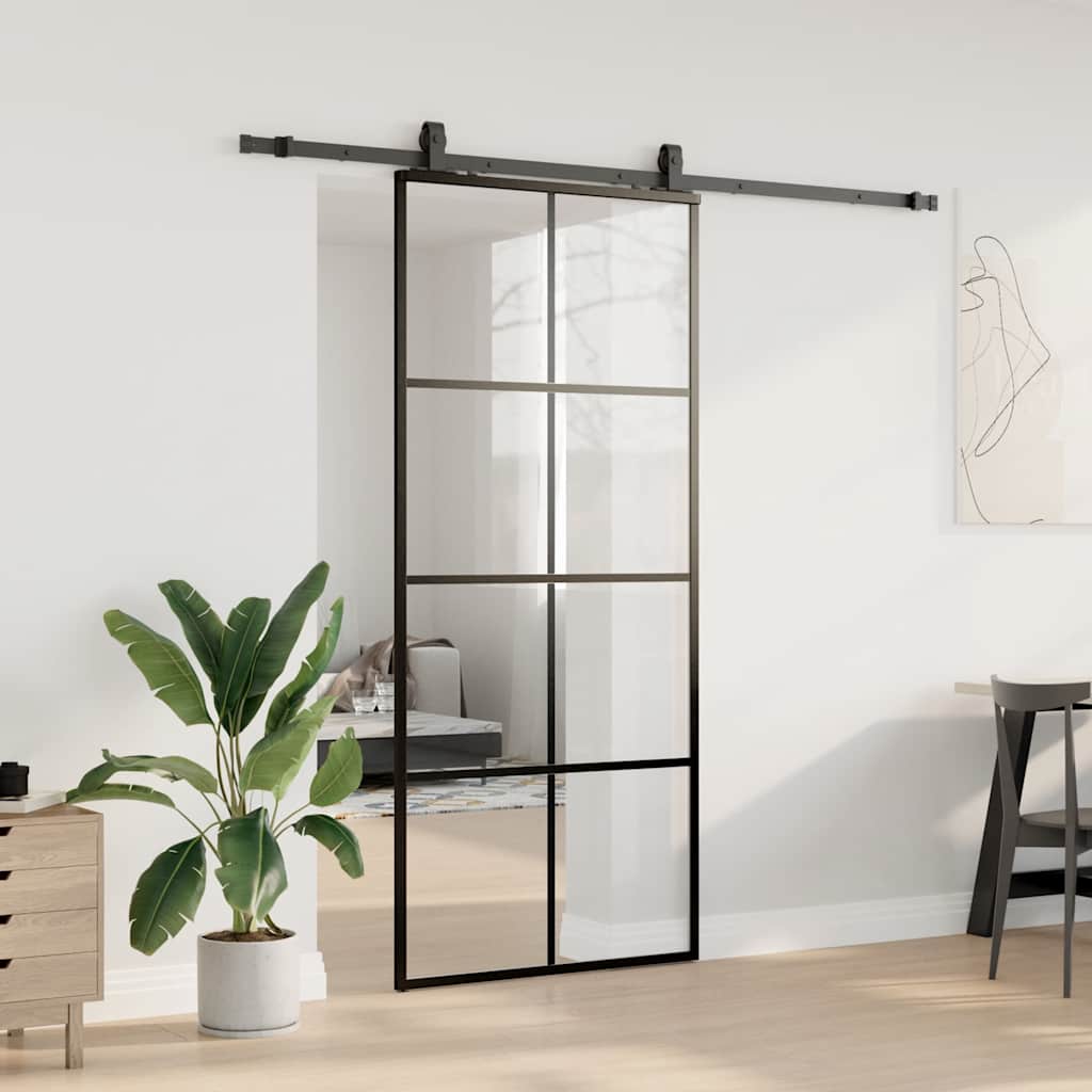 Klizna vrata s priborom crna 90 x 205 cm od ESG stakla