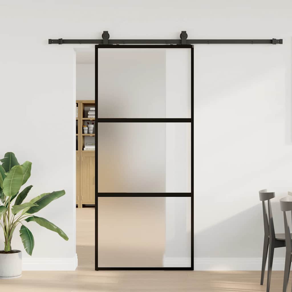 Klizna vrata s priborom crna 90 x 205 cm kaljeno staklo