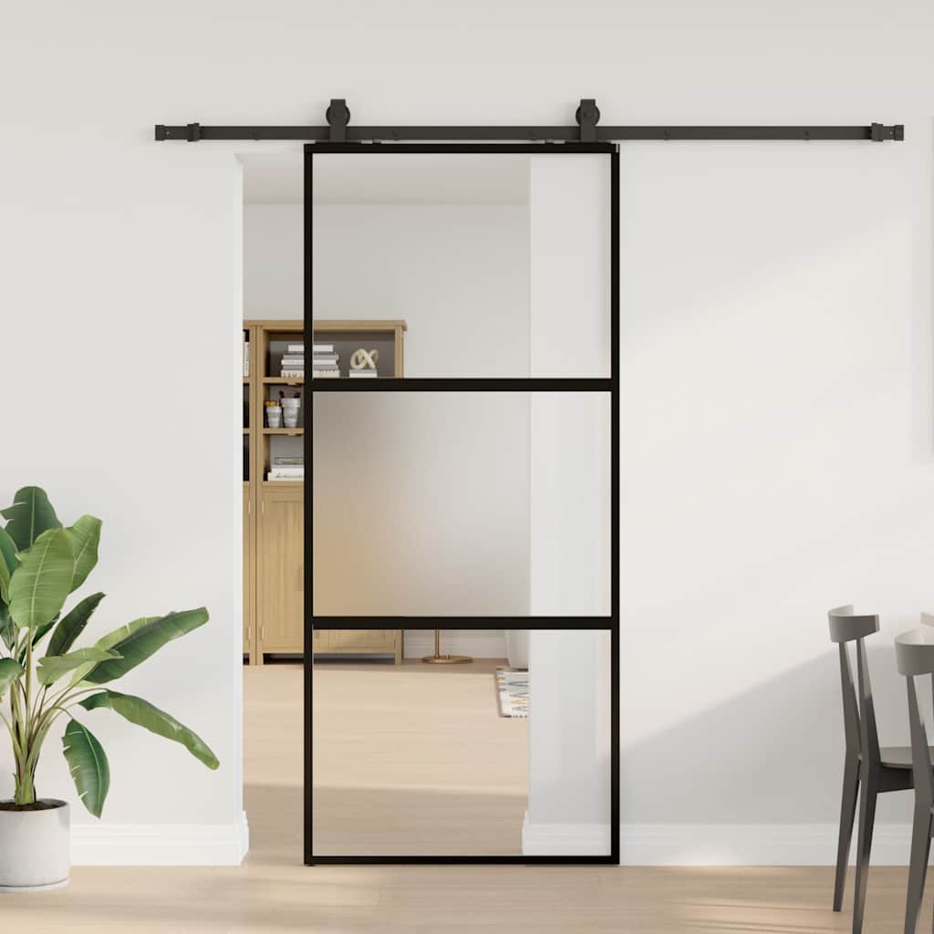Klizna vrata s priborom crna 90 x 205 cm kaljeno staklo