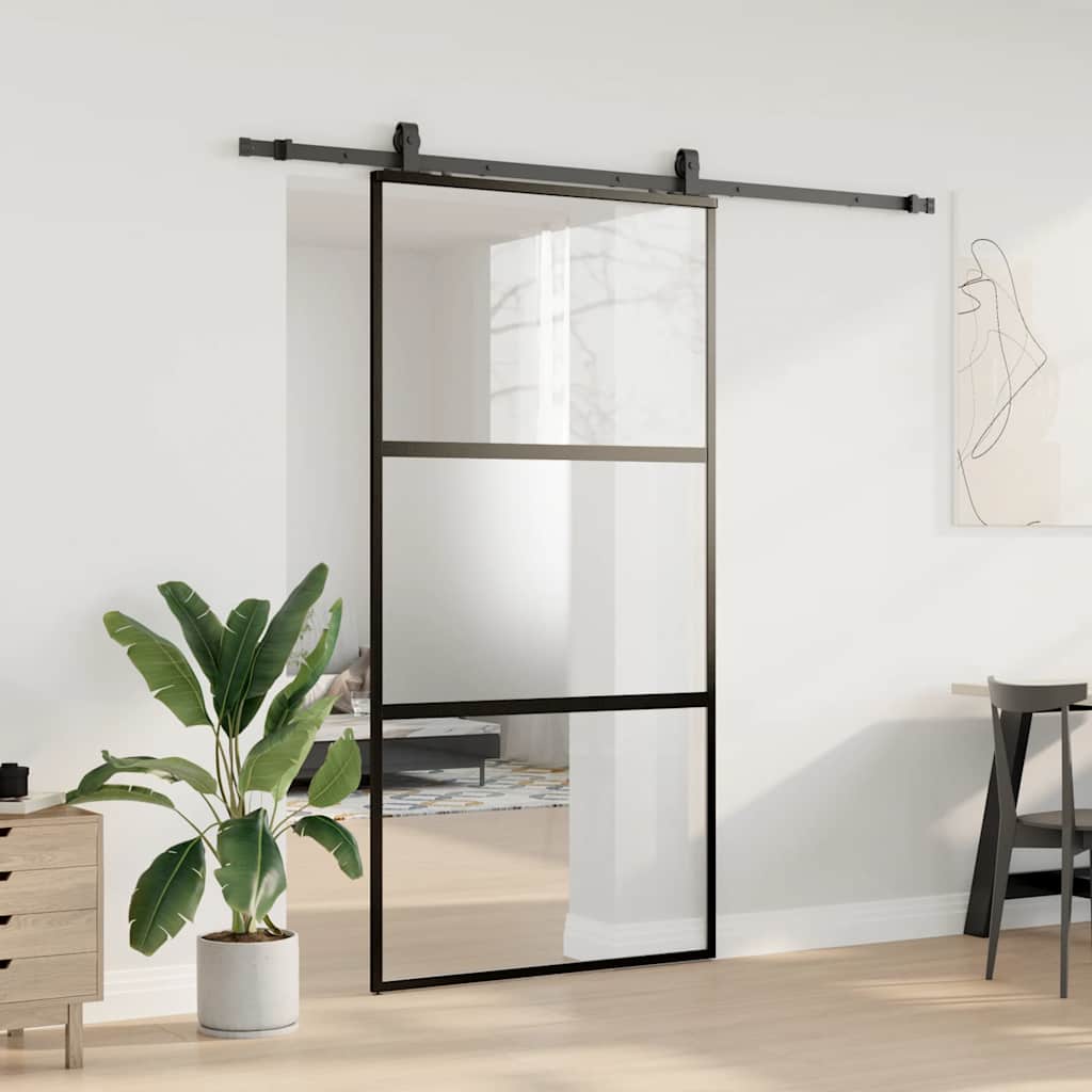 Klizna vrata s priborom crna 102,5 x 205 cm kaljeno staklo