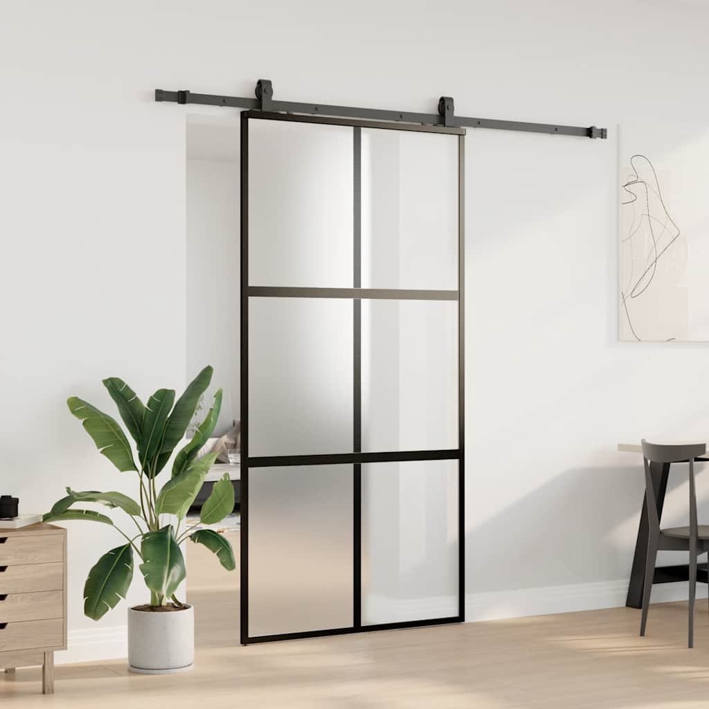 Klizna vrata s priborom crna 102,5 x 205 cm kaljeno staklo