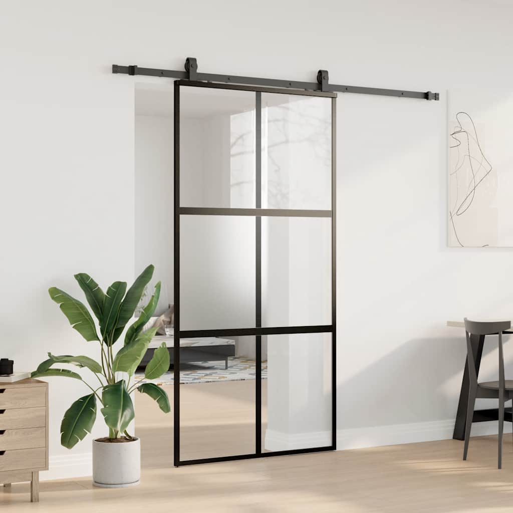 Klizna vrata s priborom crna 102,5 x 205 cm kaljeno staklo