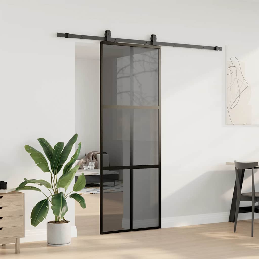 Klizna vrata s priborom crna 76 x 205 cm kaljeno staklo