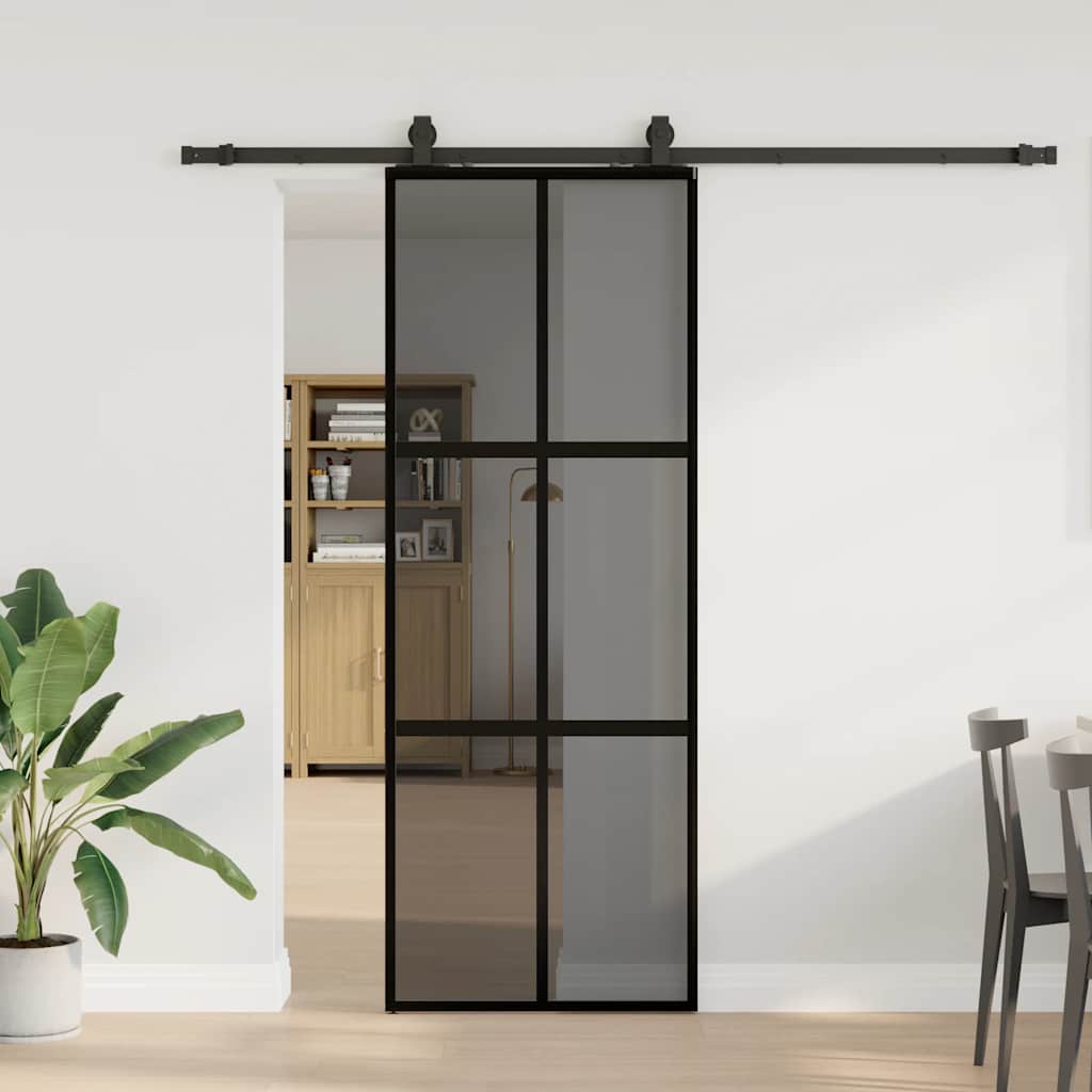 Klizna vrata s priborom crna 76 x 205 cm kaljeno staklo