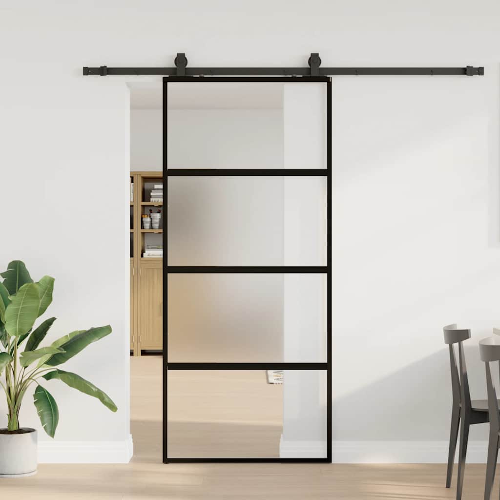 Klizna vrata s priborom crna 76 x 205 cm kaljeno staklo