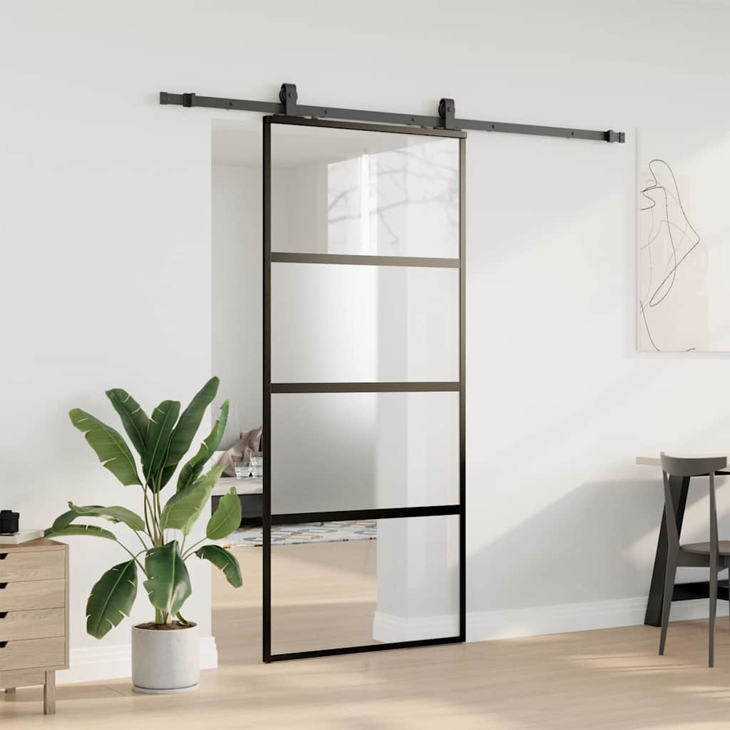 Klizna vrata s priborom crna 90 x 205 cm kaljeno staklo