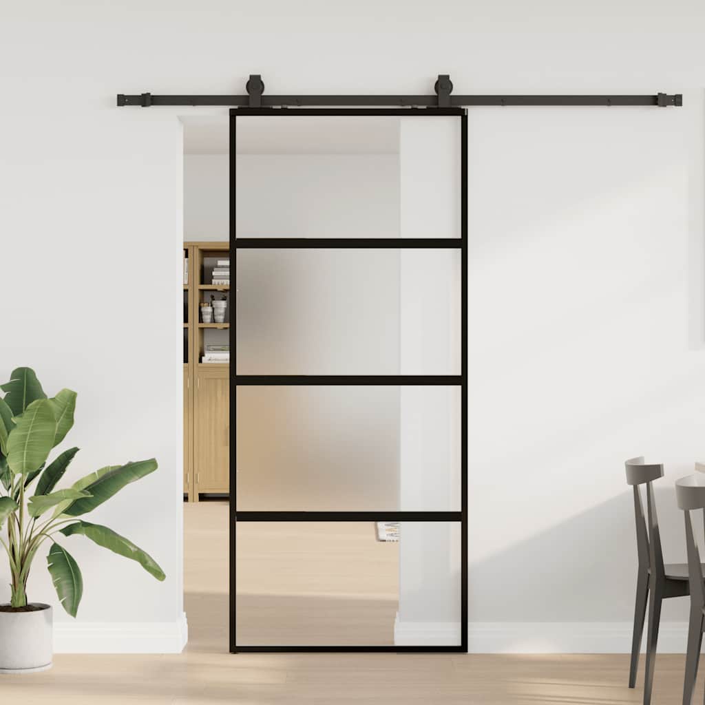 Klizna vrata s priborom crna 90 x 205 cm kaljeno staklo