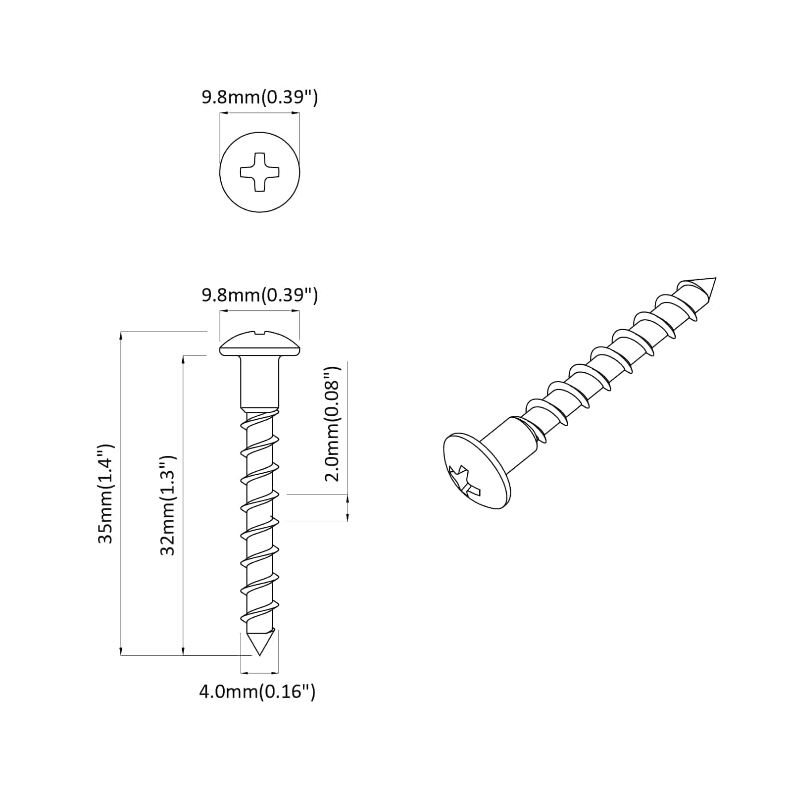 Vijak 2 pcs Srebrno 9,8 x 35 mm Željezo