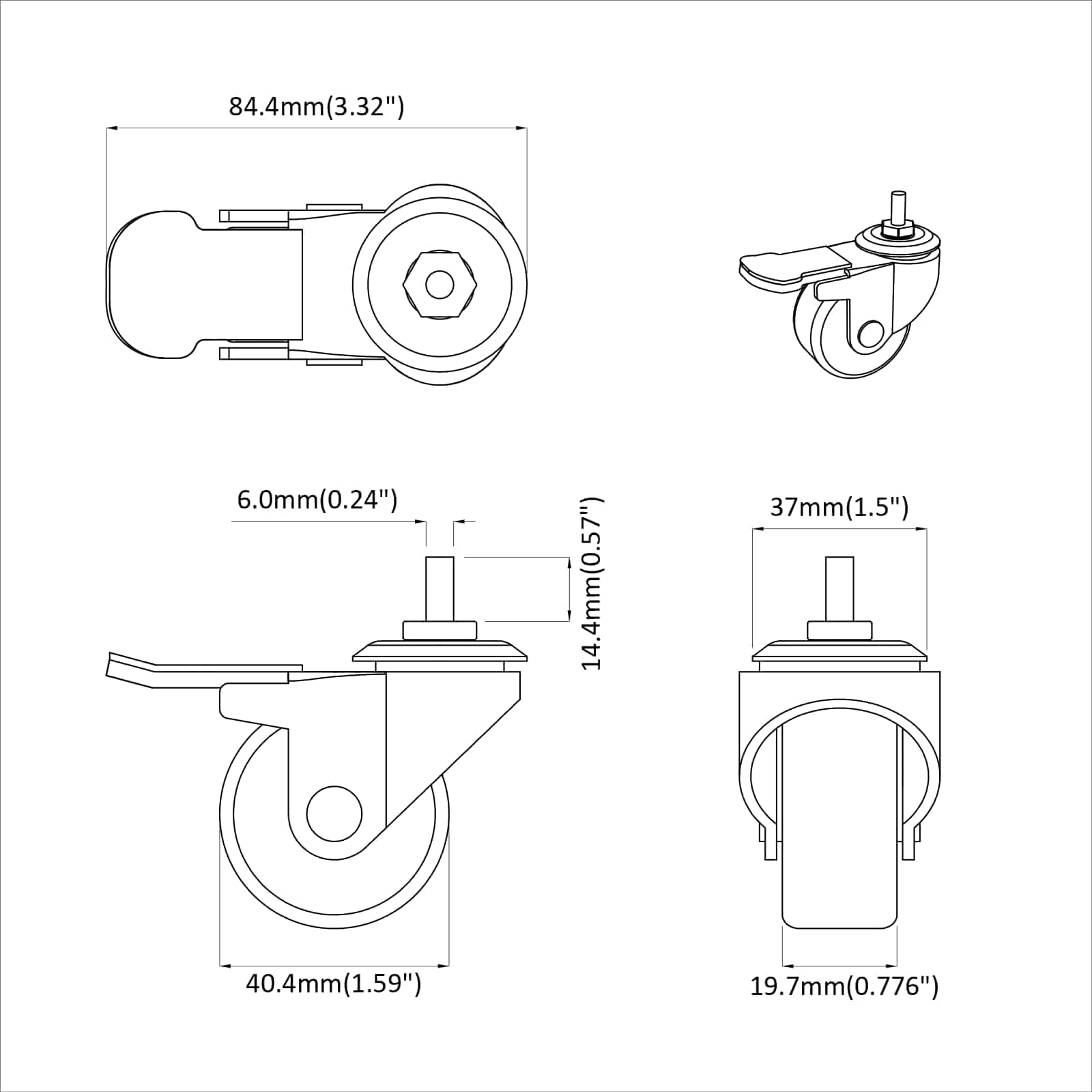 Kotači 2 pcs Crna M6 x 37 mm Željezo i Najlon