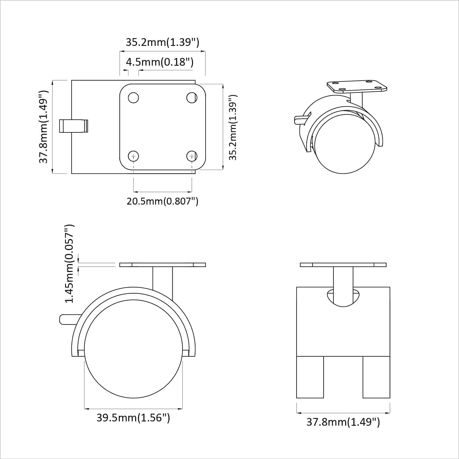 Kotač 12 pcs Crna 39,5 x 39,5 x 37,8 mm Čelik i polipropilen