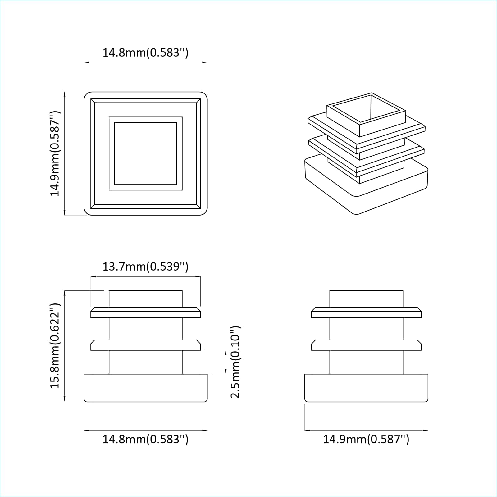 Završne kapice 2 pcs Crna 15 x 15 x 15 mm PP