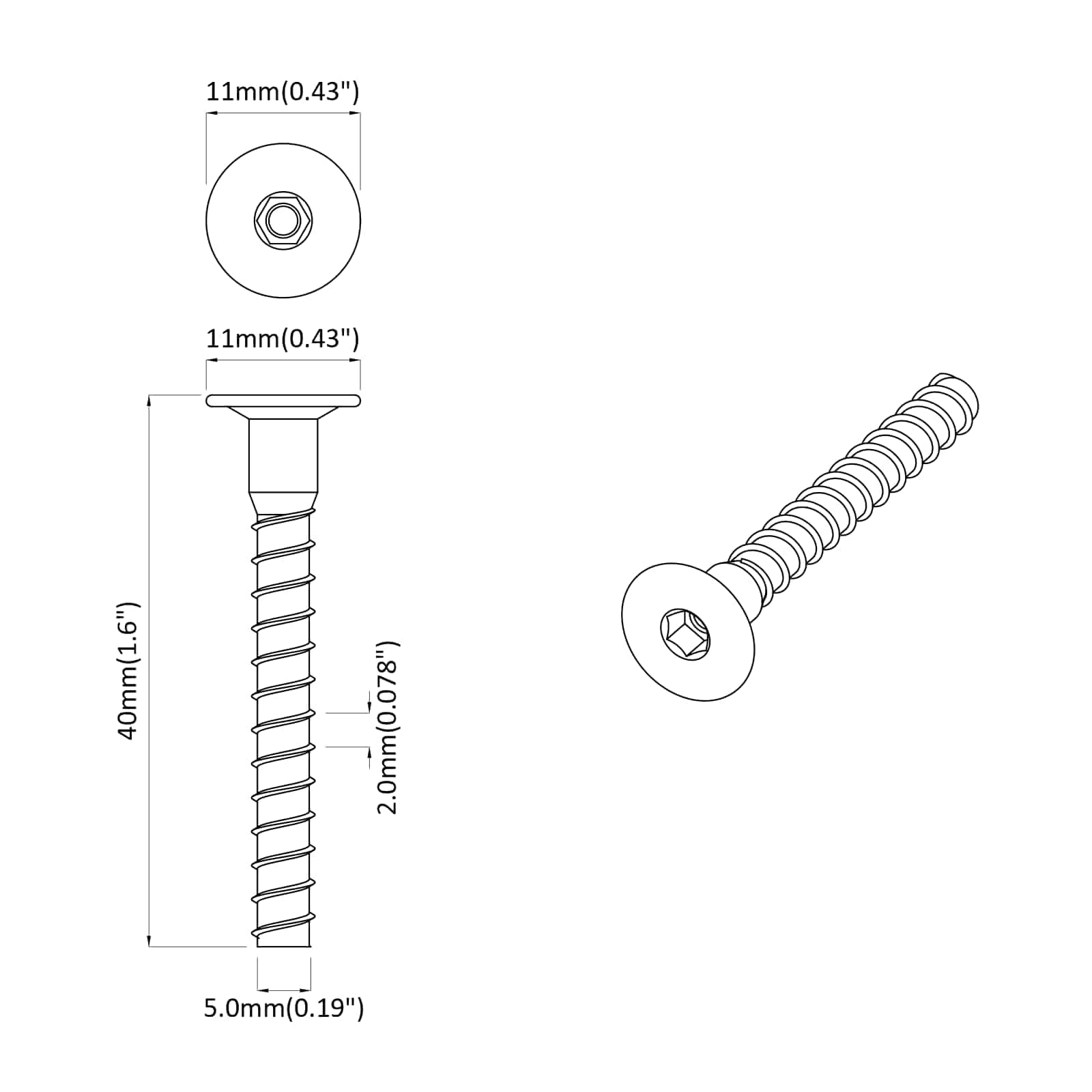 Vijak 2 pcs Cinkom premazano 5 x 40 mm Željezo