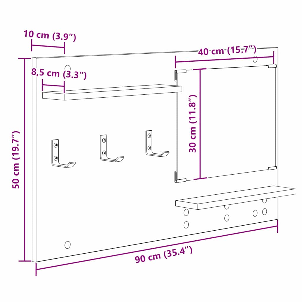 Vješalica za kapute na zidu Zidne Siva Sonoma 90 x 10 x 50 cm