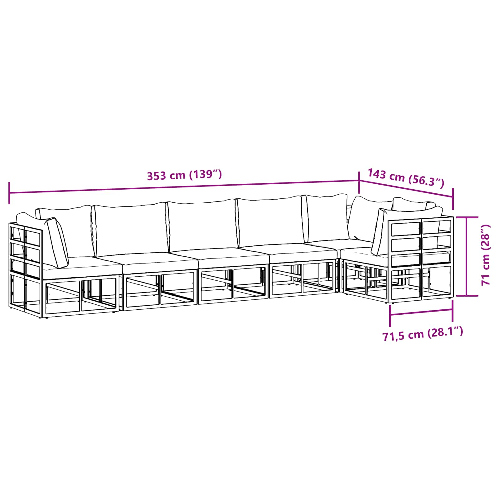 Sjedeća garnitura za vrt s jastukom 6 pcs Crna Aluminij