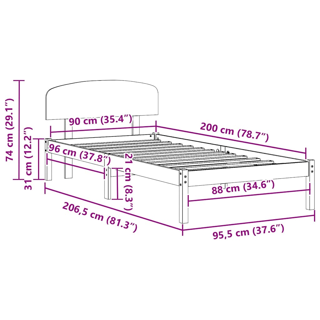 Krevetna konstrukcija Prirodna 90 x 200 cm Čvrsto borovo drvo