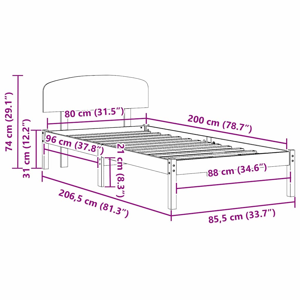 Krevetna konstrukcija Prirodna 80 x 200 cm Čvrsto borovo drvo