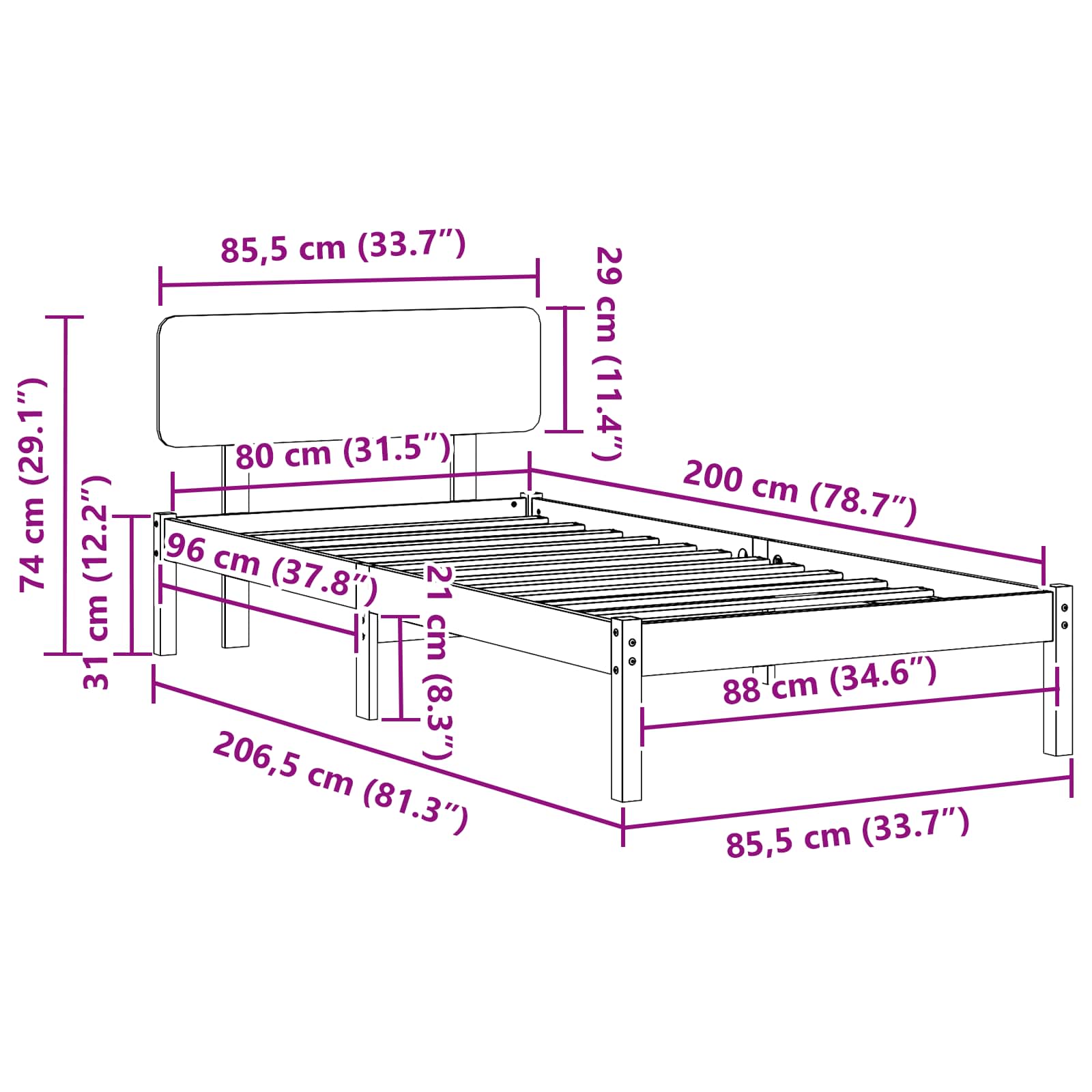 Krevetna konstrukcija Bijelo 80 x 200 cm Čvrsto borovo drvo