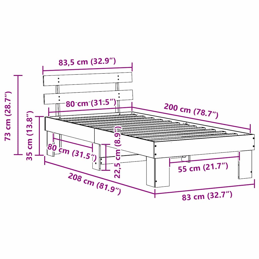 Krevetna konstrukcija Bijelo 80 x 200 cm Čvrsto borovo drvo
